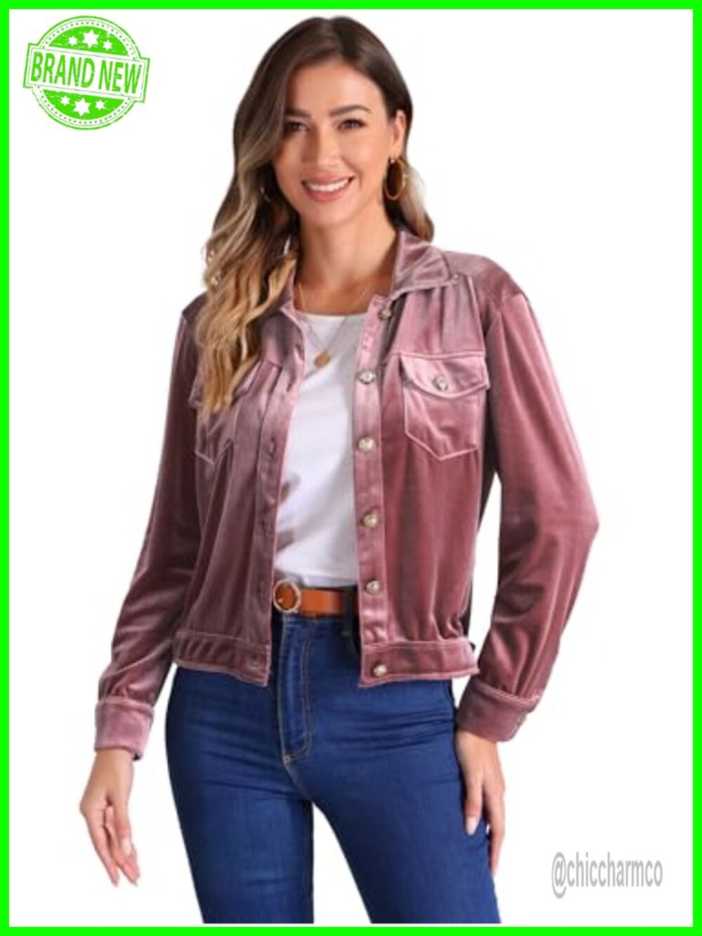 Velvet Button-Up Long Sleeve Crop Jacket with Pockets Casual
